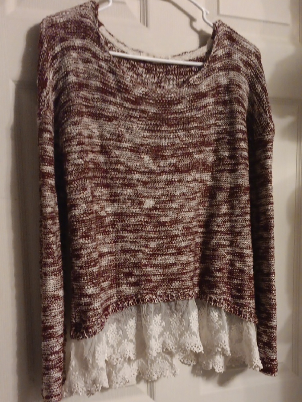 Rewind Marled Burgundy & Cream Scoop Neck Sweater with Lace Hem
